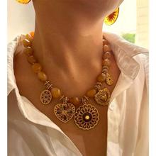 Stainless steel flower-shaped heart amber resin beaded luxury versatile women's necklace